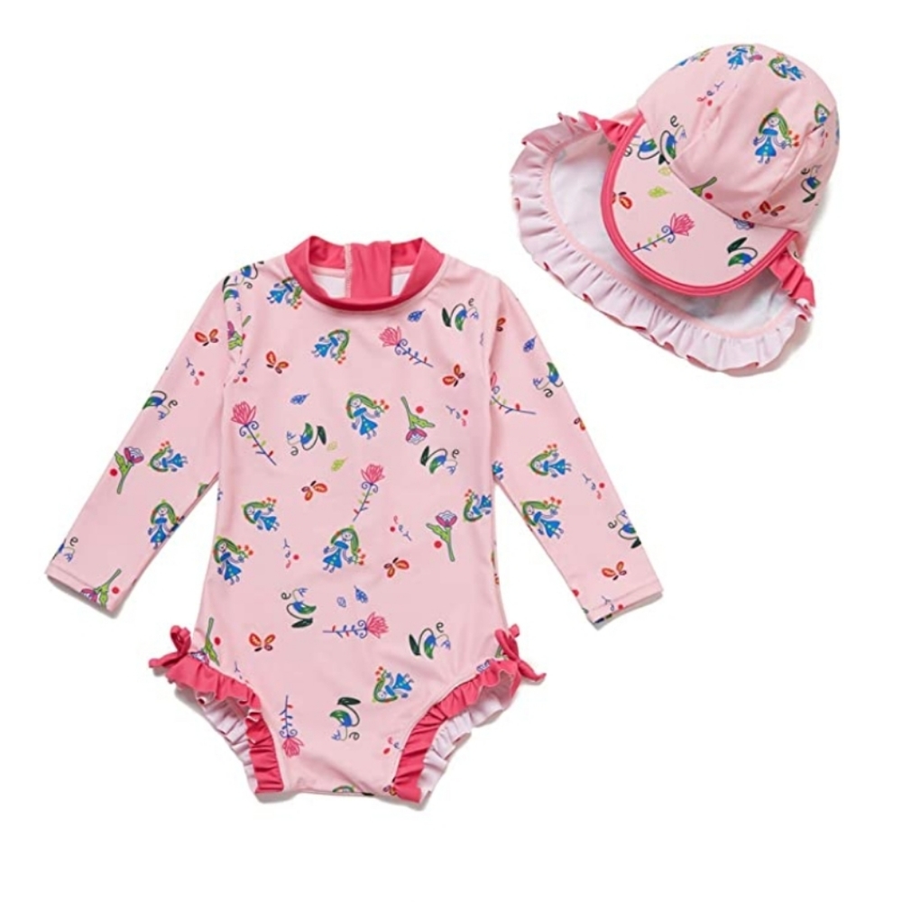 NWT BONVERANO Baby Girls Swimsuit, Toddler Rashguard Long-Sleeve Zipper & Hat